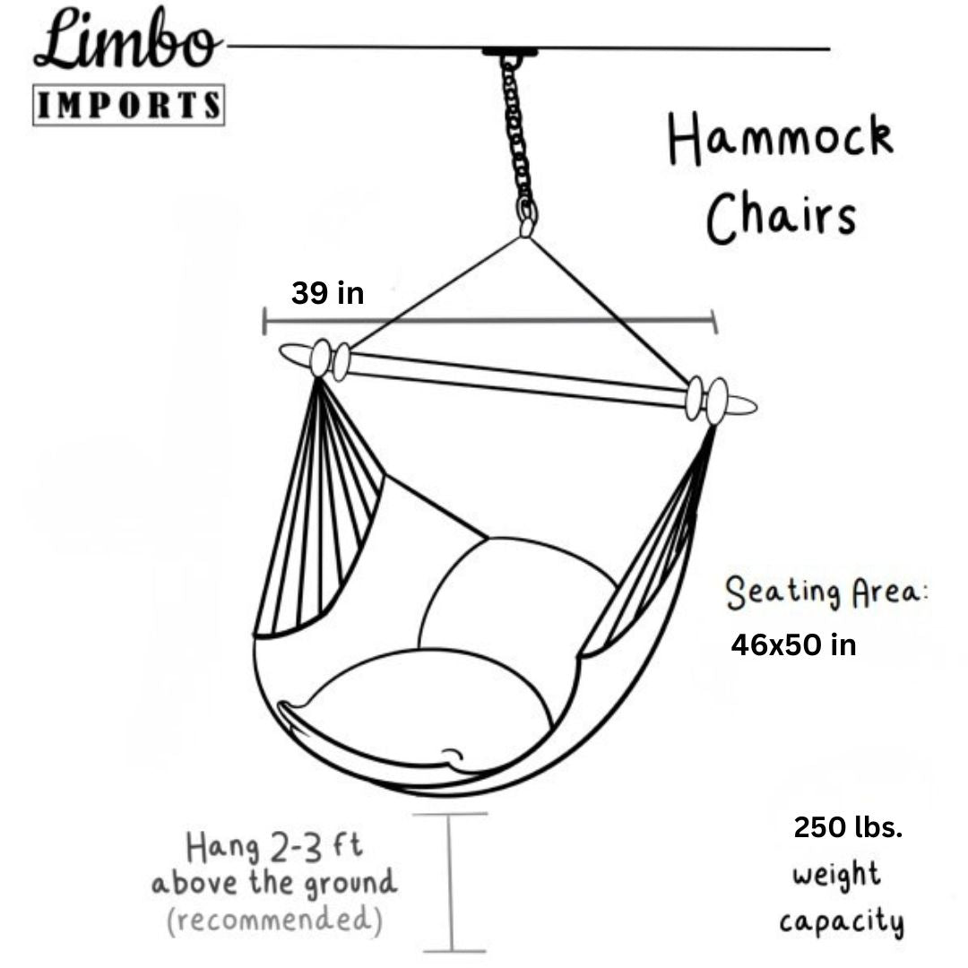 Diagram of a hammock chair with dimensions and seating area details, branded as Limbo Imports.