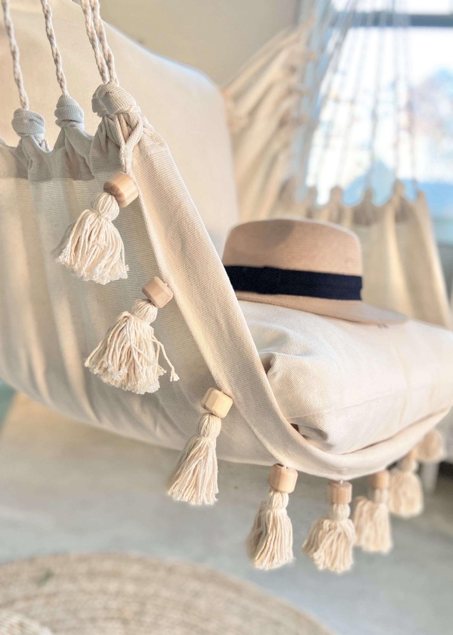 closeup of a Boho Hammock Chair With Tassels