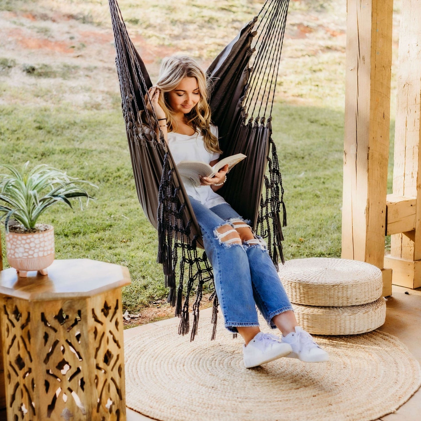 Boho Macrame Hanging Chair Swing in porch