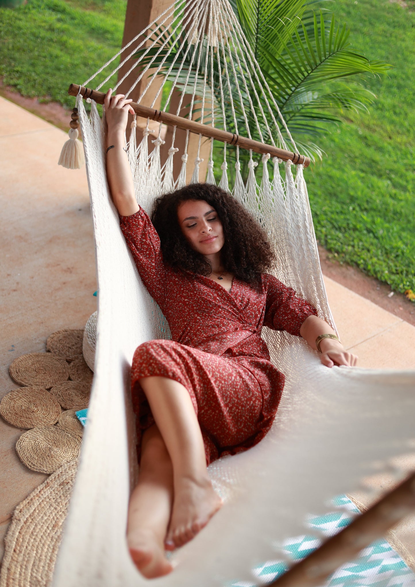White Woven Hammock With Wood Spreaders