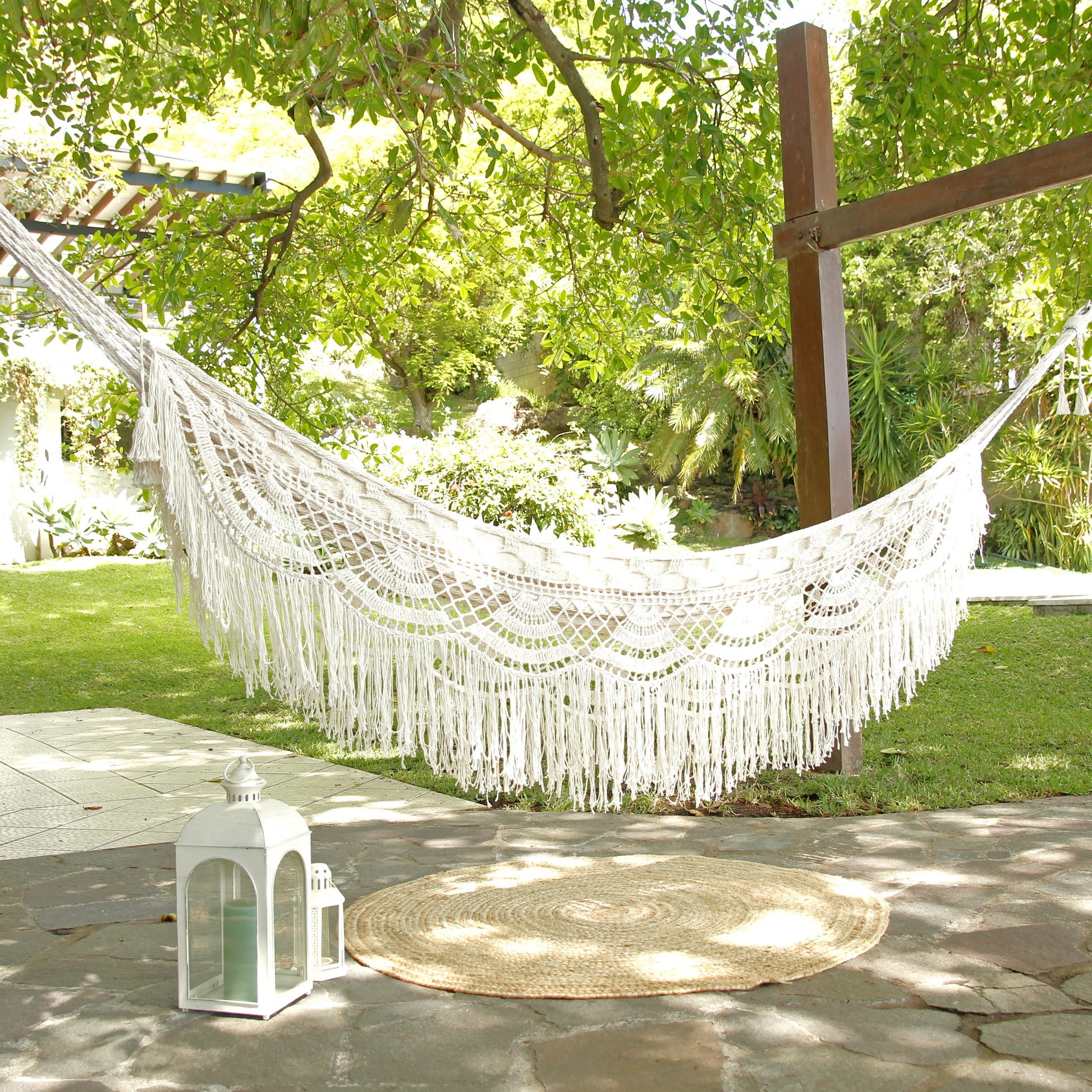 designer luxury hammock with crochet fringe