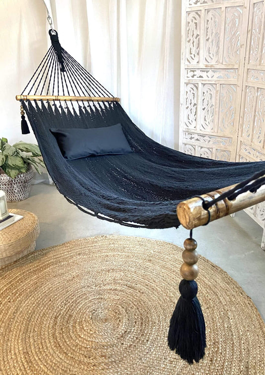 Black Woven Hammock With Wood Spreaders