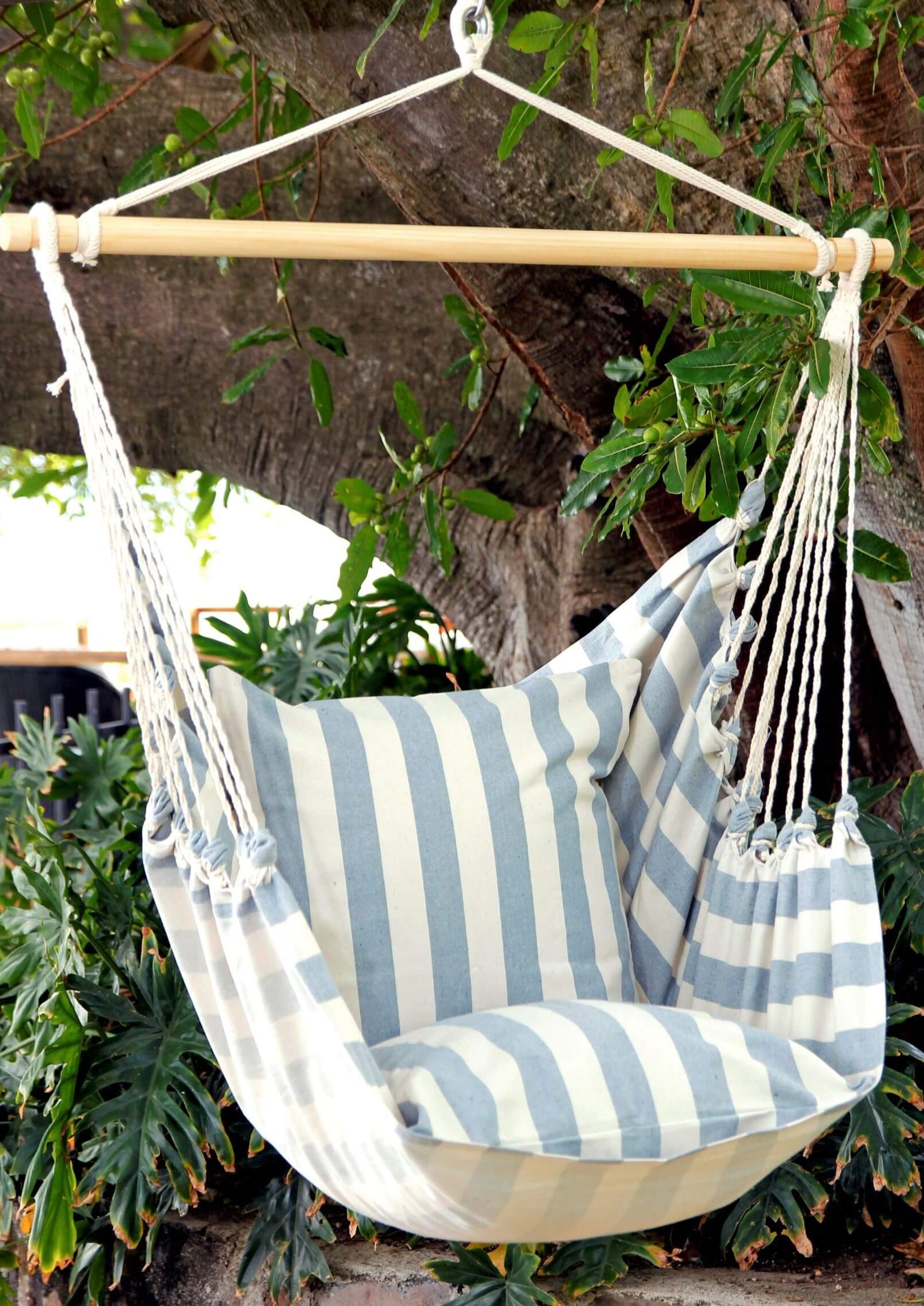 white and blue Hanging Chair Hammock Swing outdoors