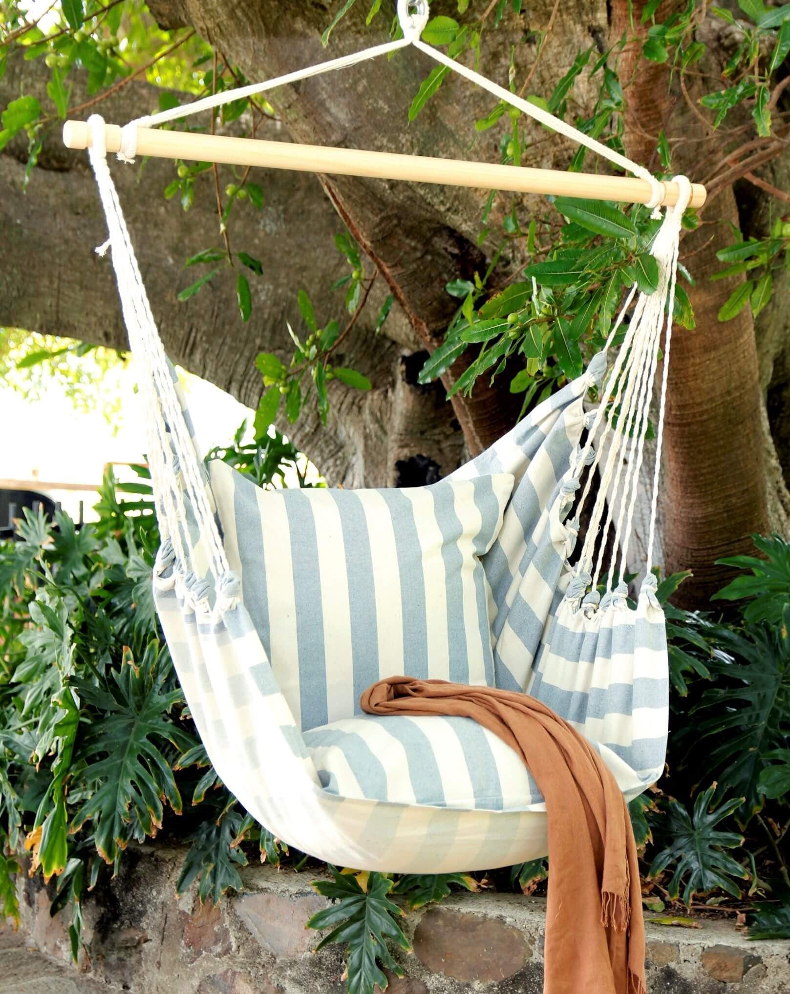 white and blue hammock chair swing