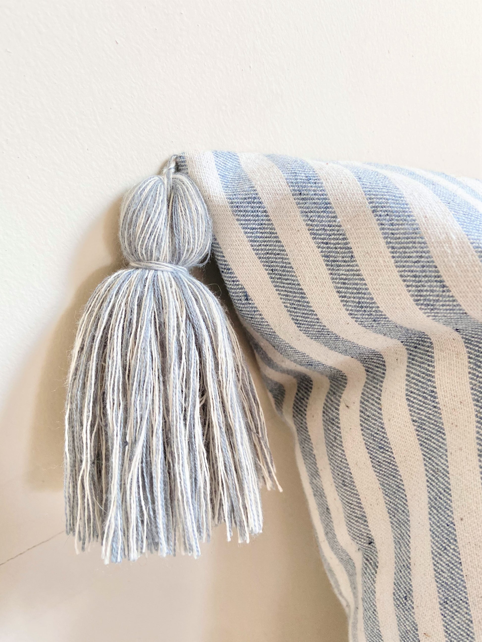 White and Blue Stripe Pillow Cover with Tassles