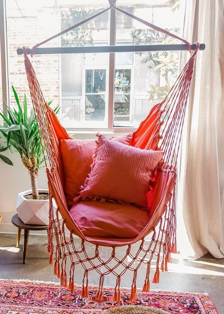 pink macrame hammock chair boho style
