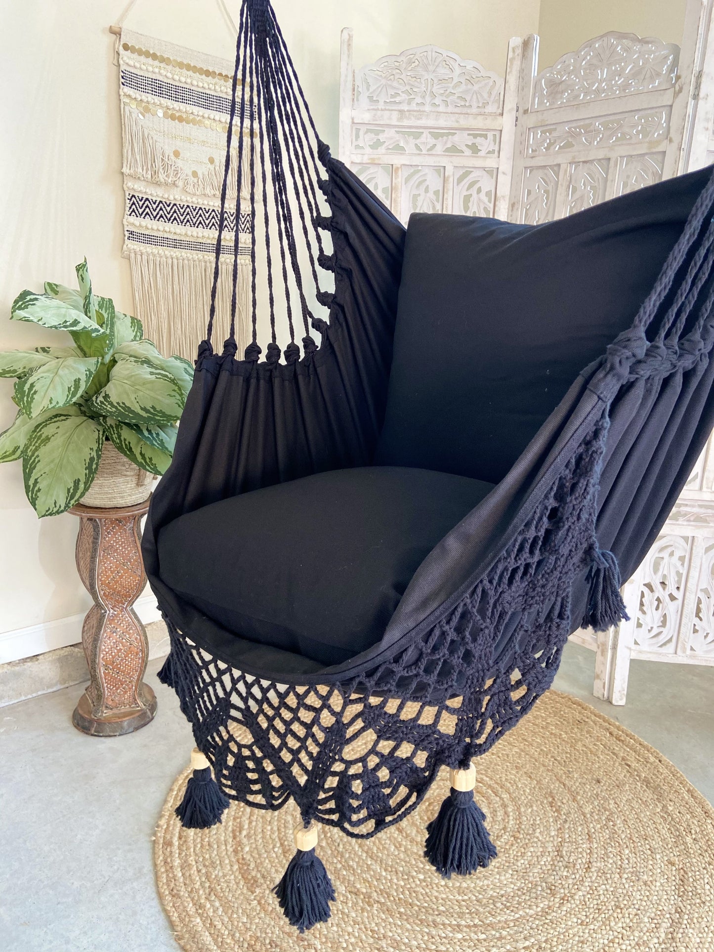 back hammock swing chair  with black crochet fringe