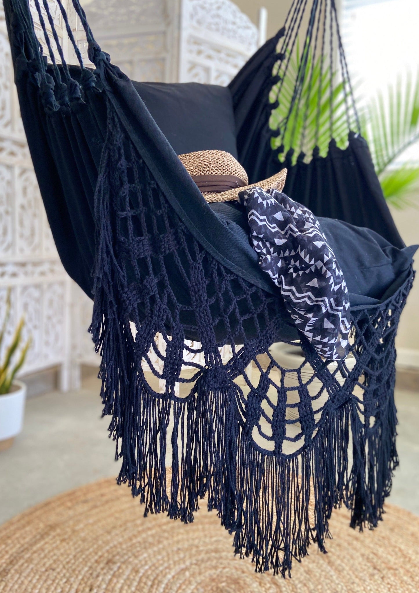black hammock chair crochet decor