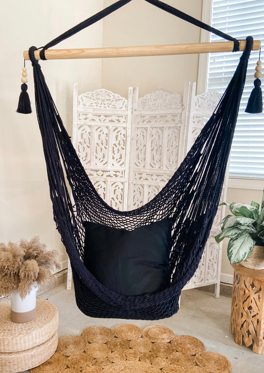 black macrame woven hammock swing chair