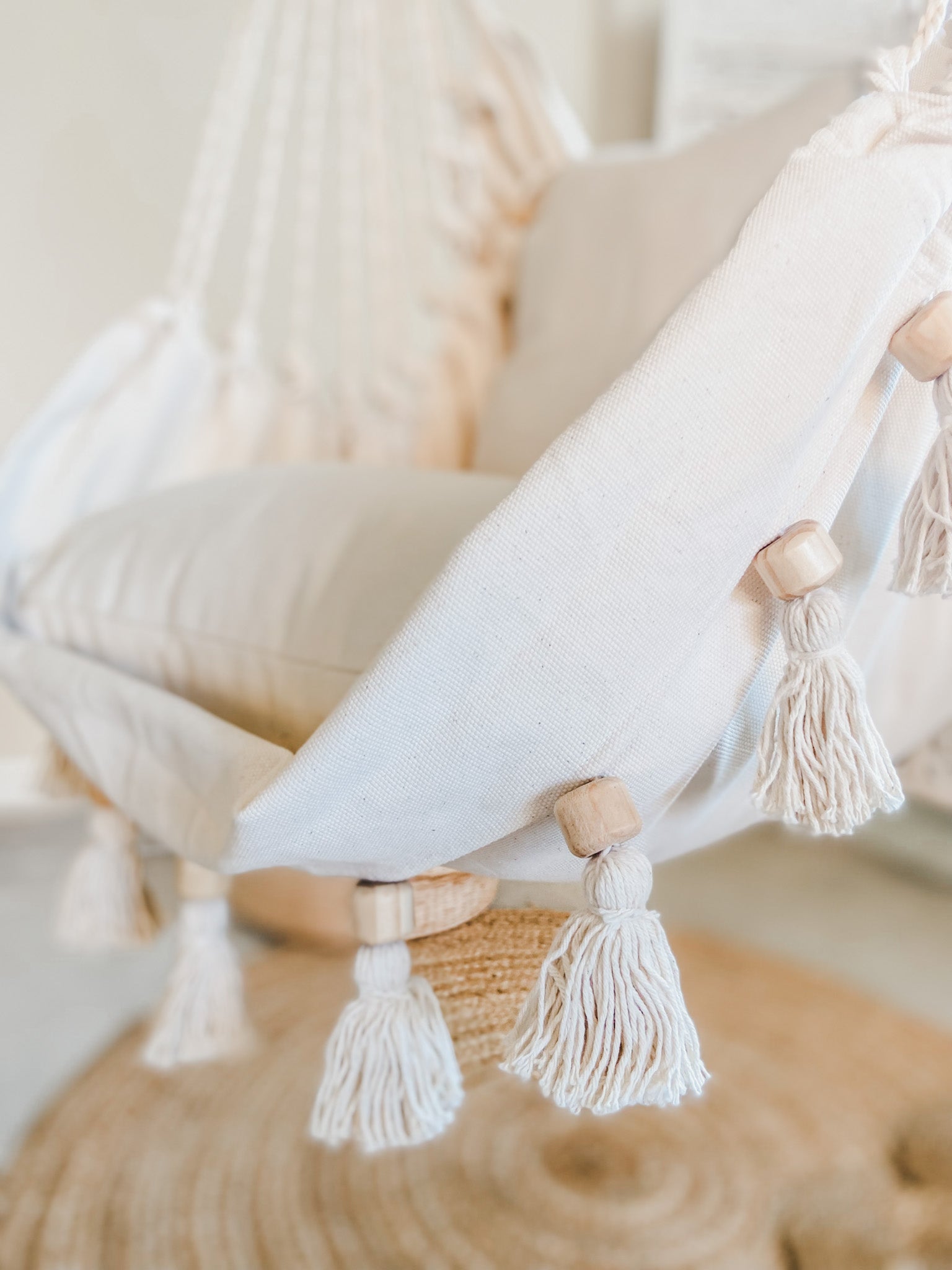 close up of an indoor Hammock Chair With Tassels