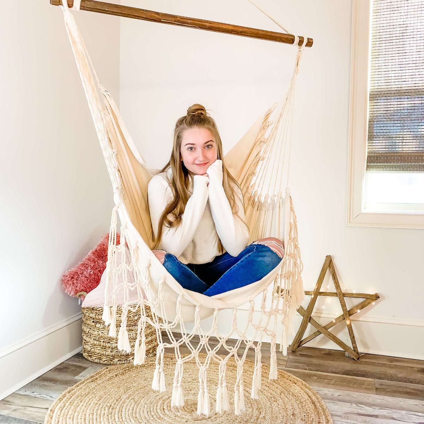 White macrame hammock swing