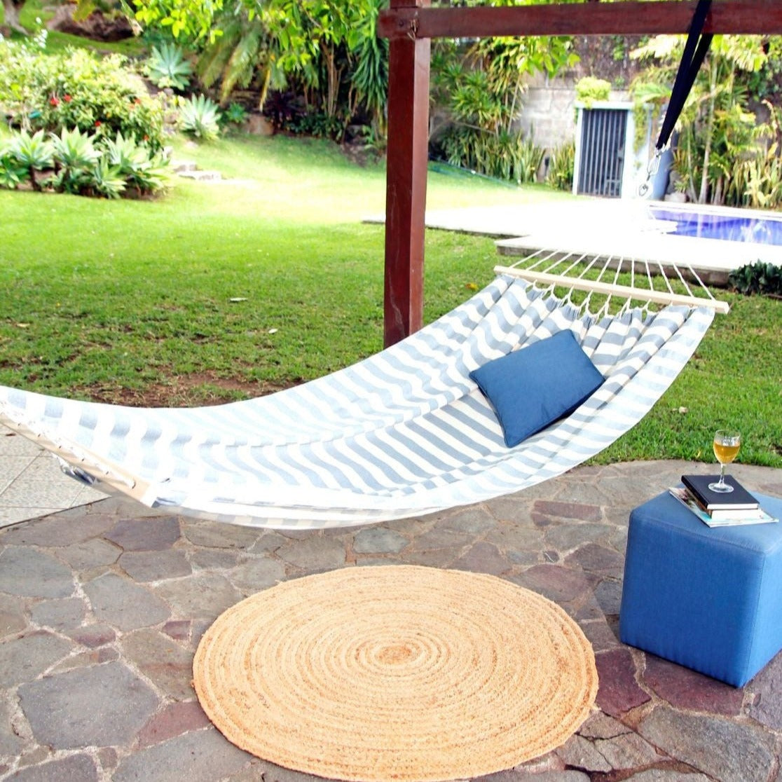 beach resort white and blue hammock