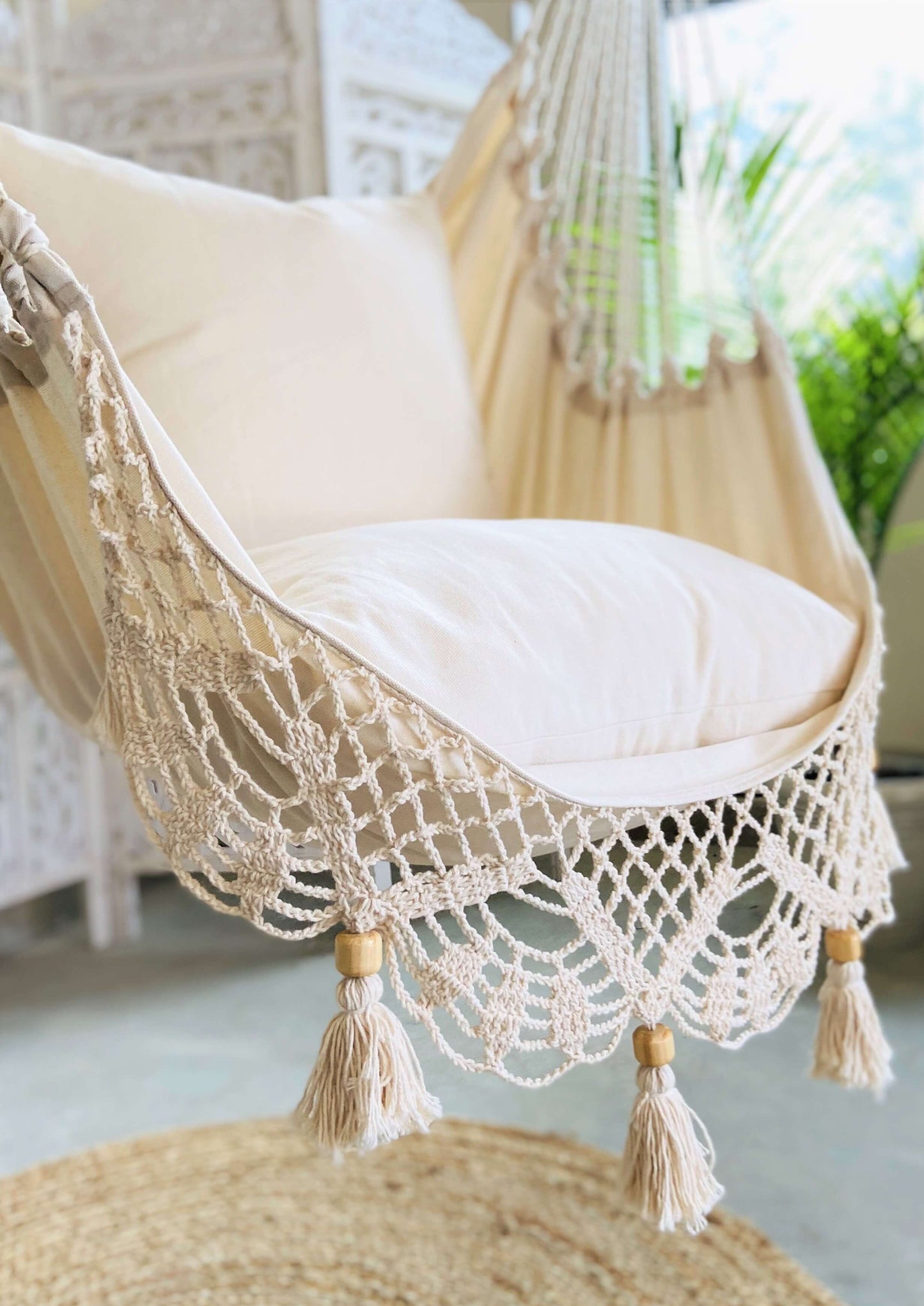 White Crochet Hammock Chair with fringe