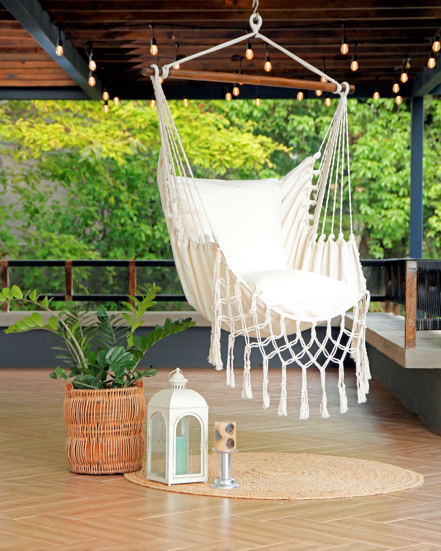 White Macrame Hammock Chair Swing on a porch