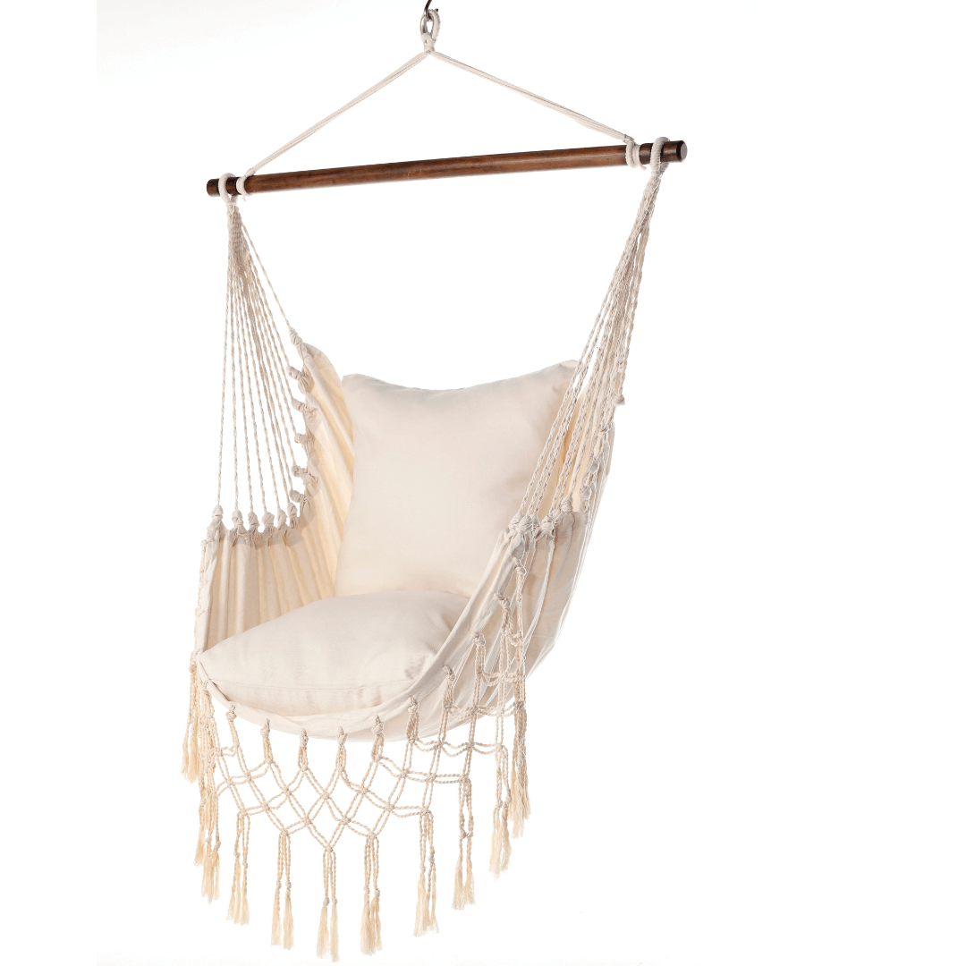 white macrame hammock chair
