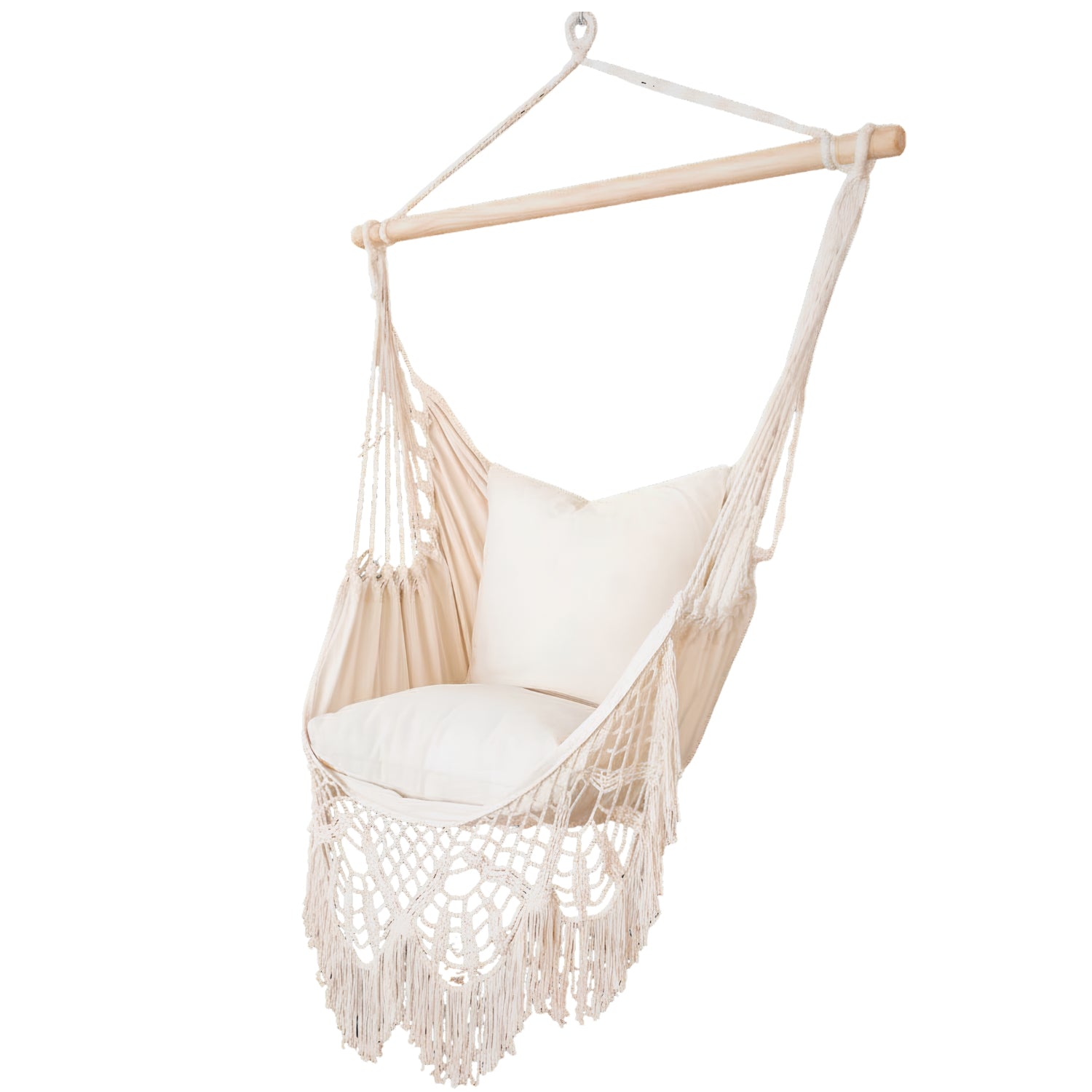 white beige hammock chair with white cushions on a white background