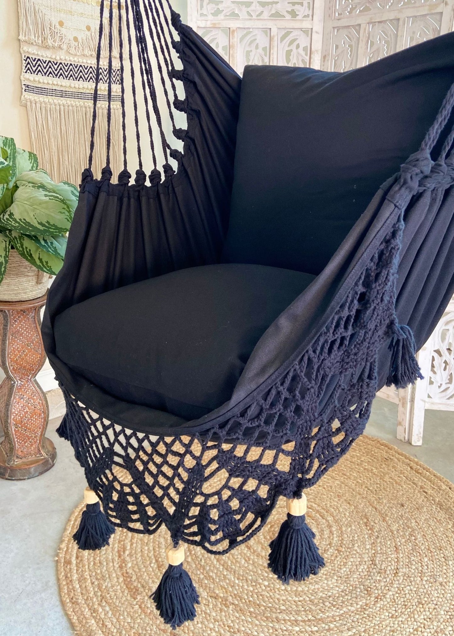 black crochet hammock chair with fringe