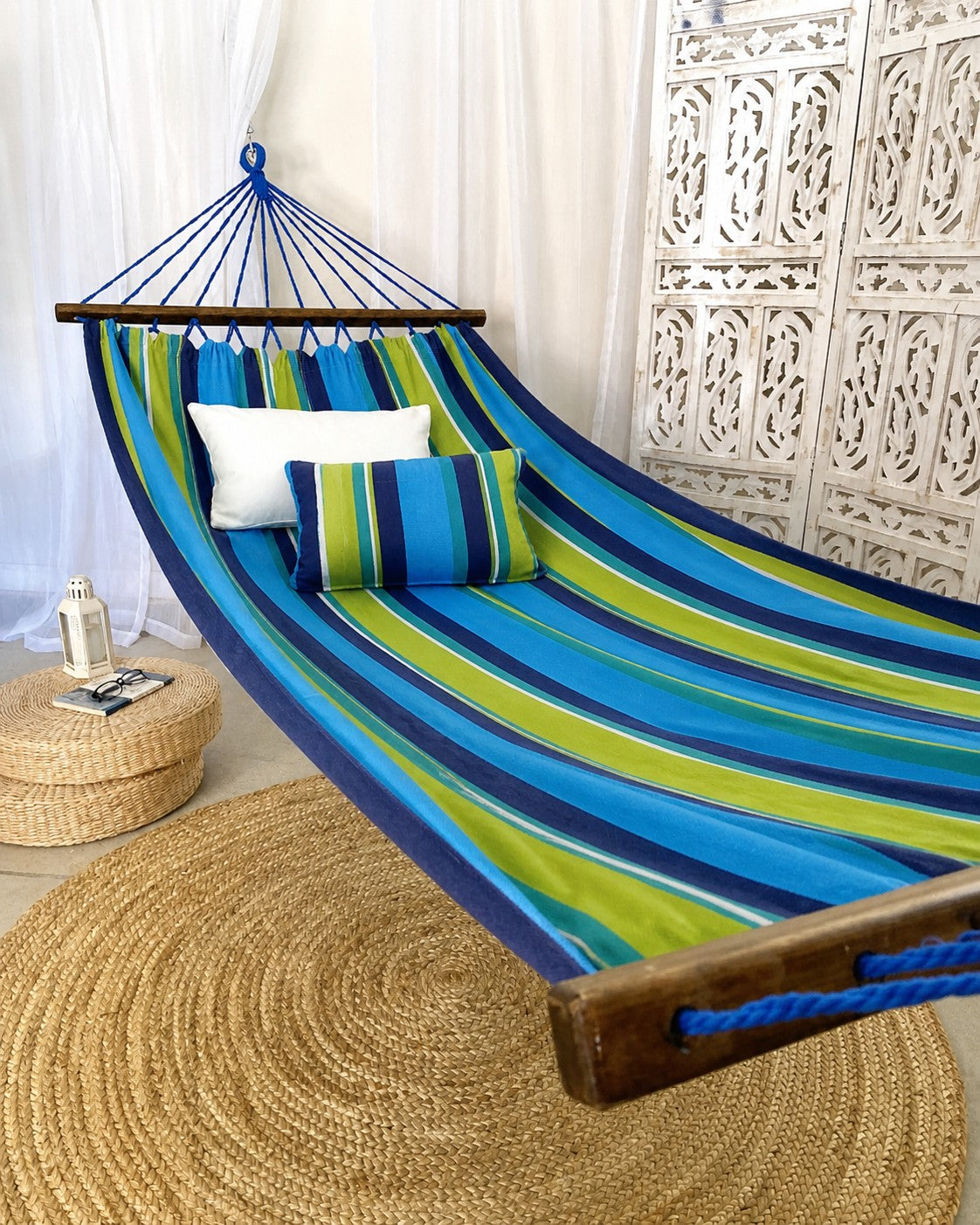 navy blue and green Cotton Hammock With Wood Spreader Bars indoors