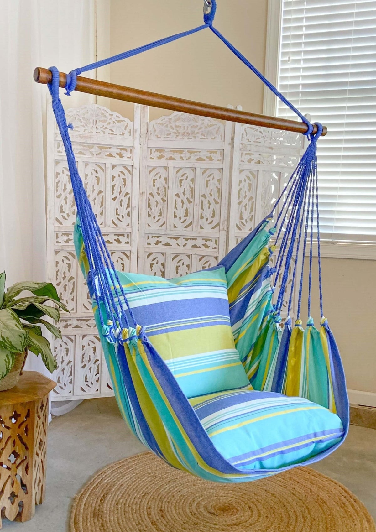 Blue Green Striped Hammock Chair Swing | Colorful Beach Swing – Limbo