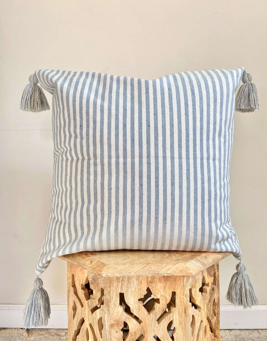 White and Blue Stripe Pillow with Tassels