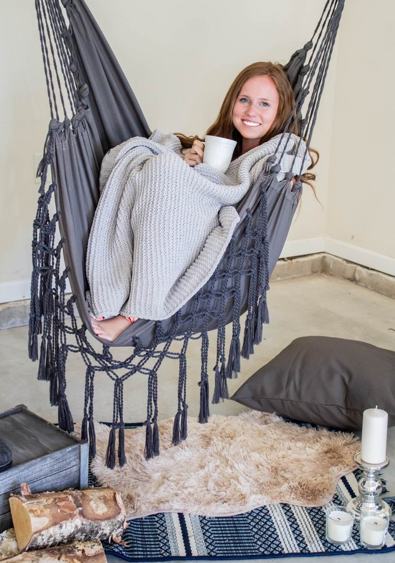 macrame hanging chair hammock gray indoors