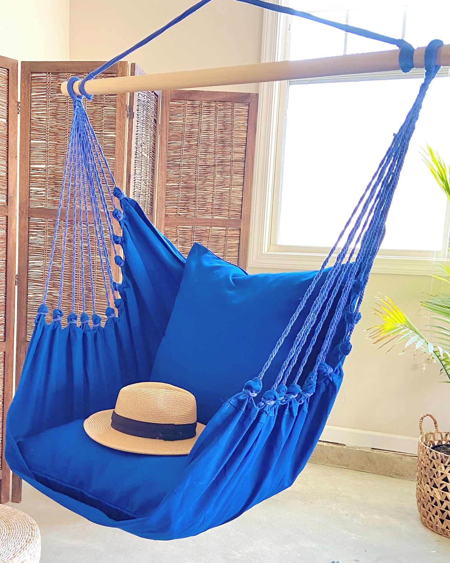 Blue Hanging Chair Hammock Swing with a hat