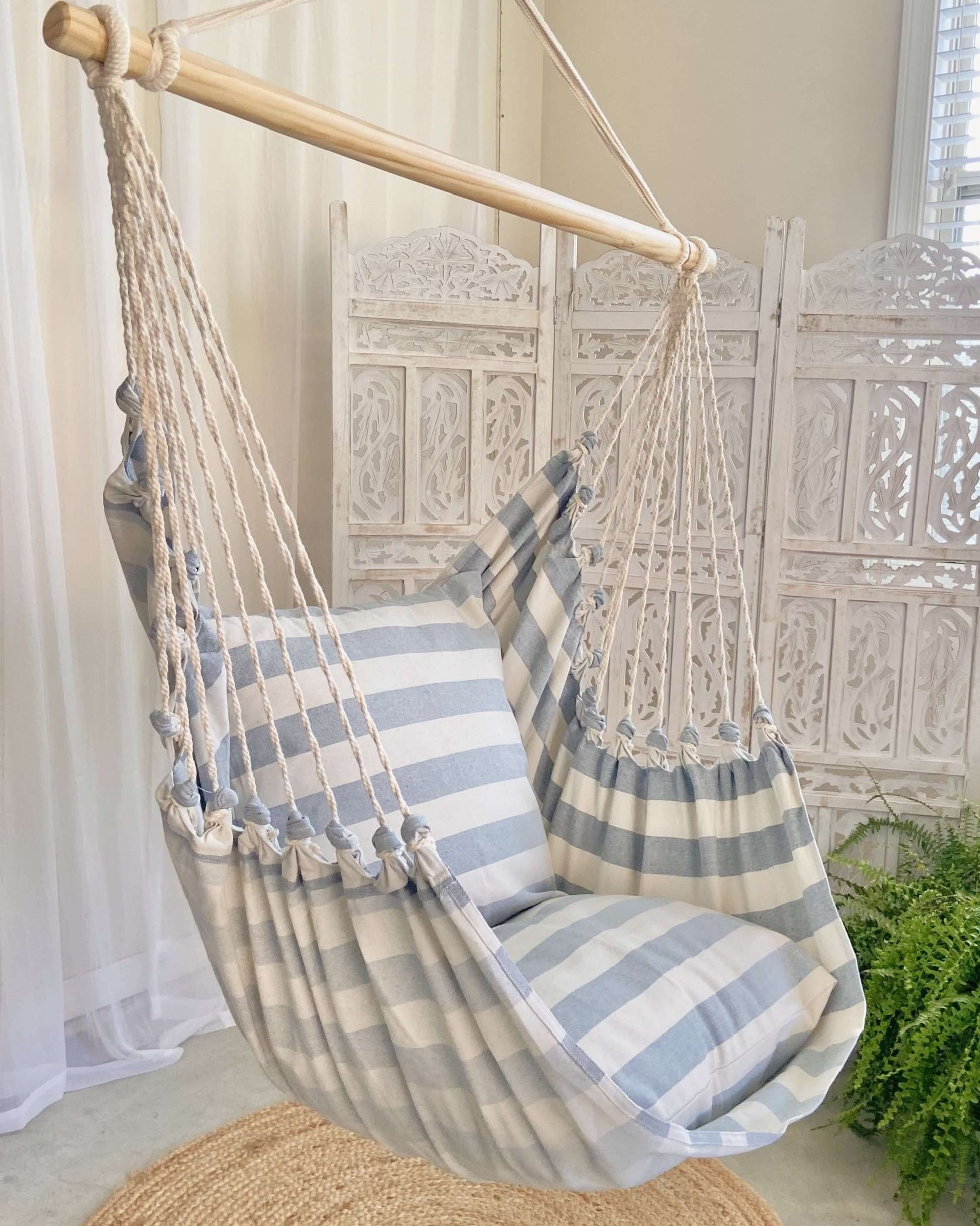 Blue and White Hanging Chair Swing Costal Swinging Hammock Chair