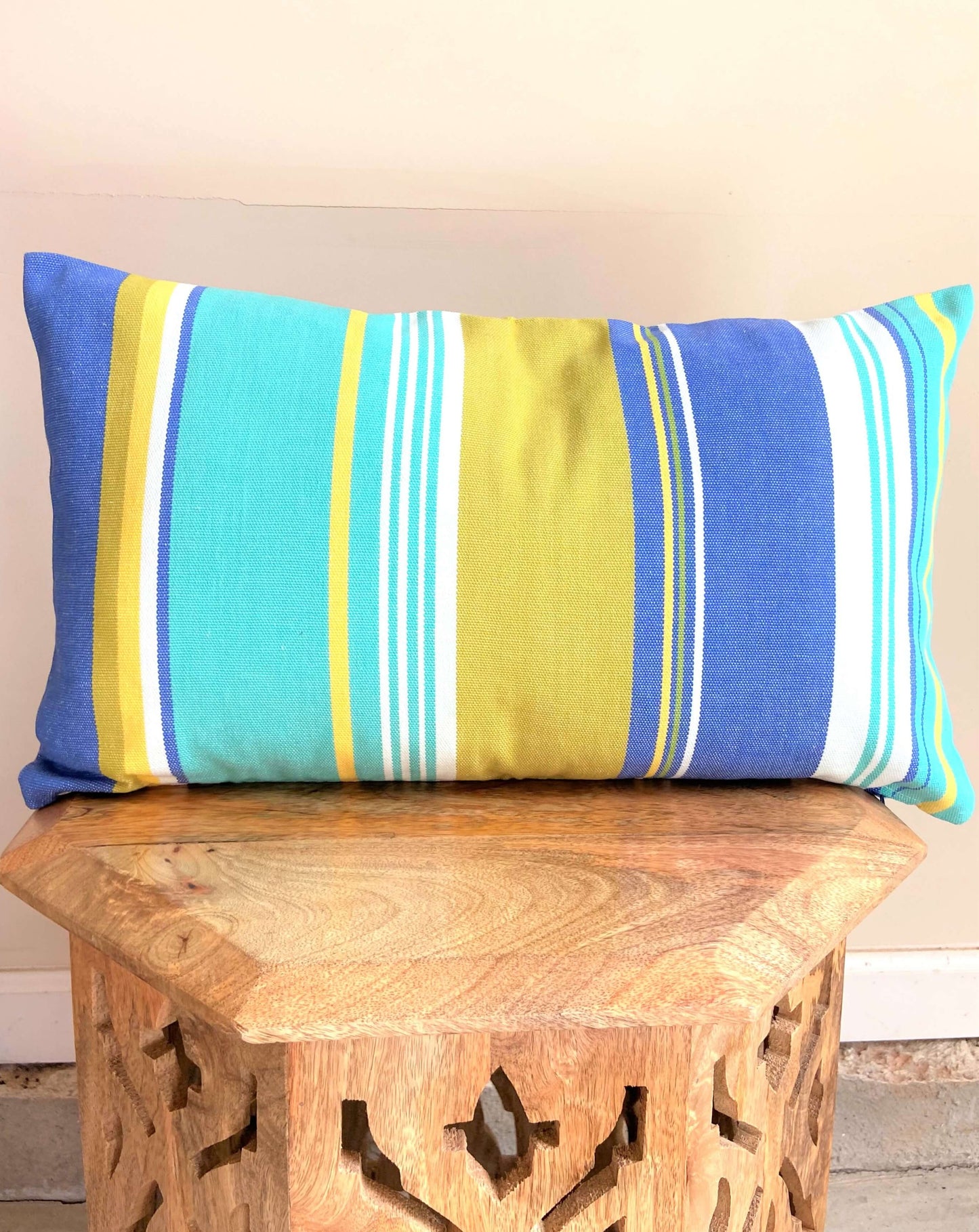 lumbar pillow with green and blue stripes