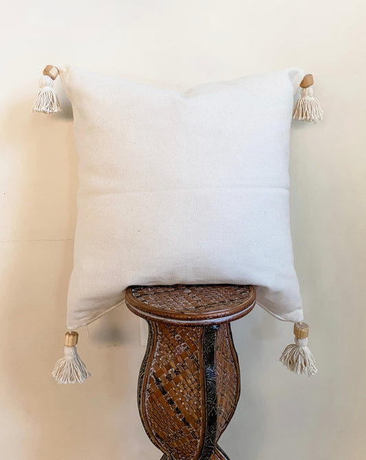 White Tassel Pillow Cover with Wood Beads