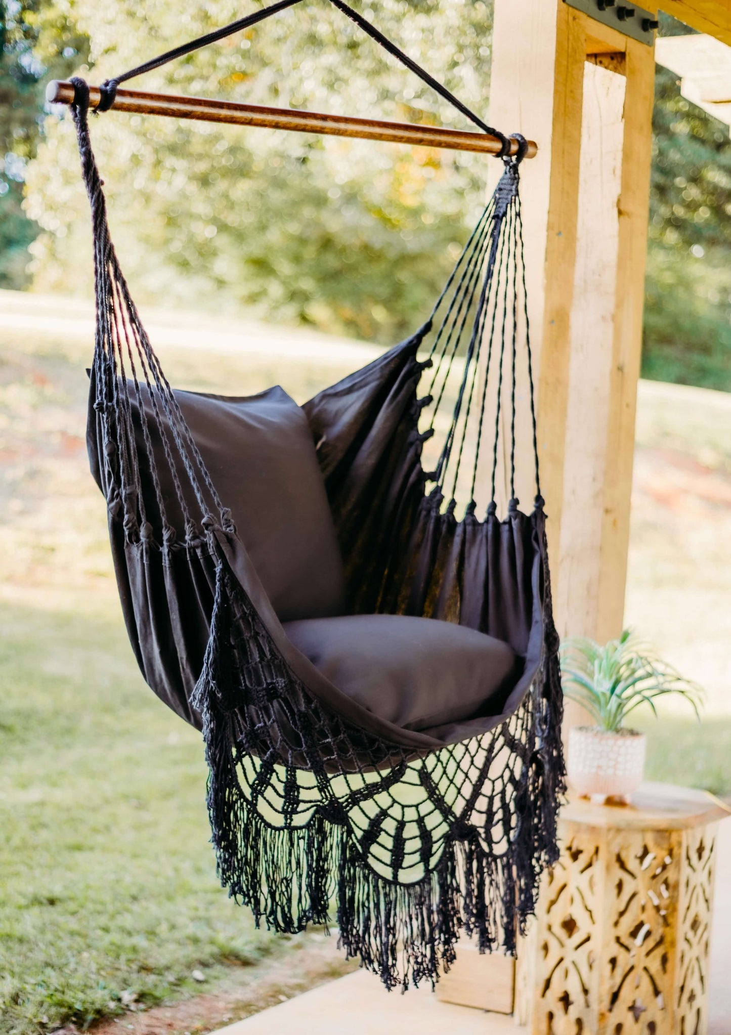 Black Crochet Hammock Chair on a porch