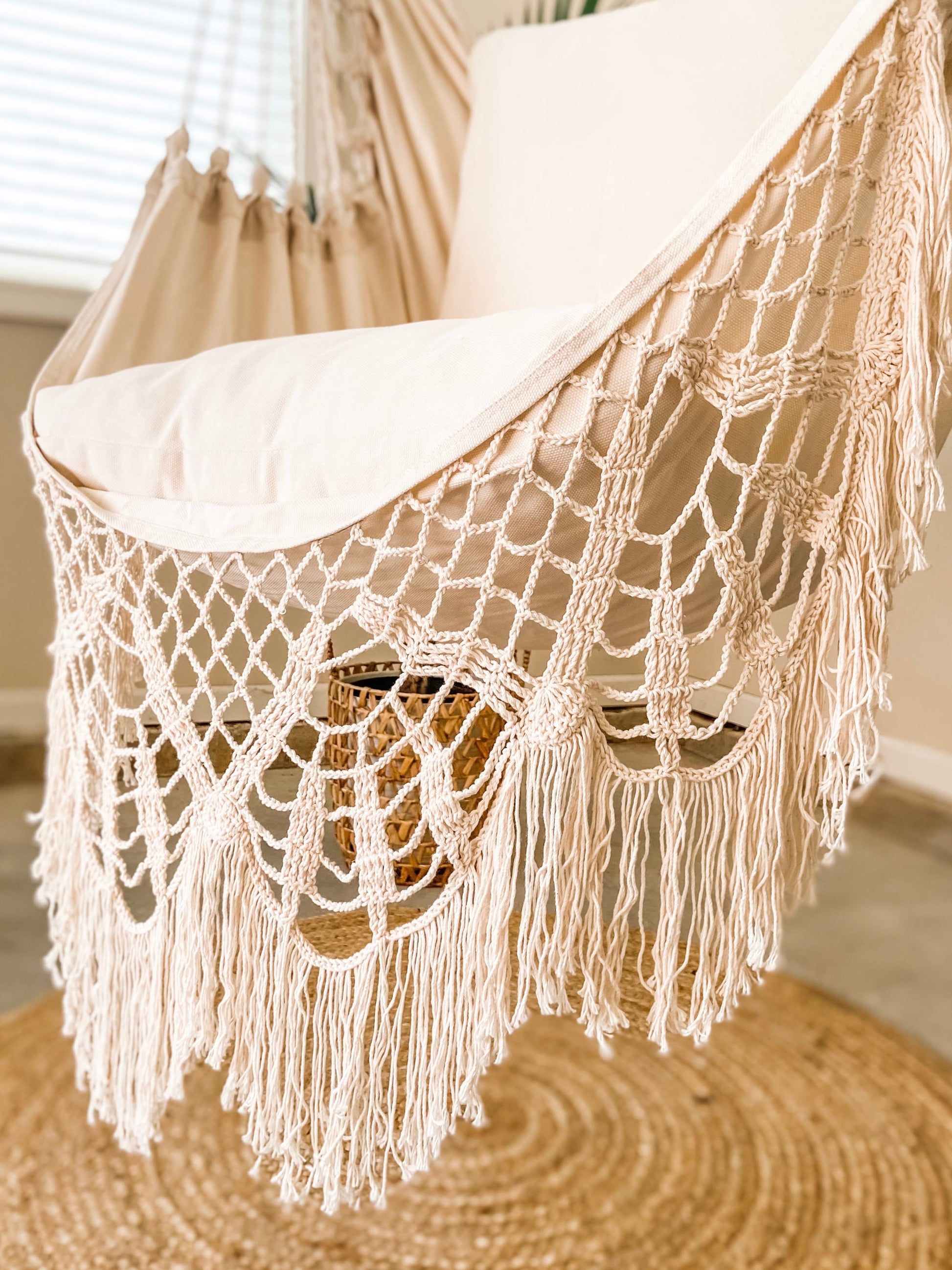closeup of Crochet Fringe on a white Hammock Chair Swing