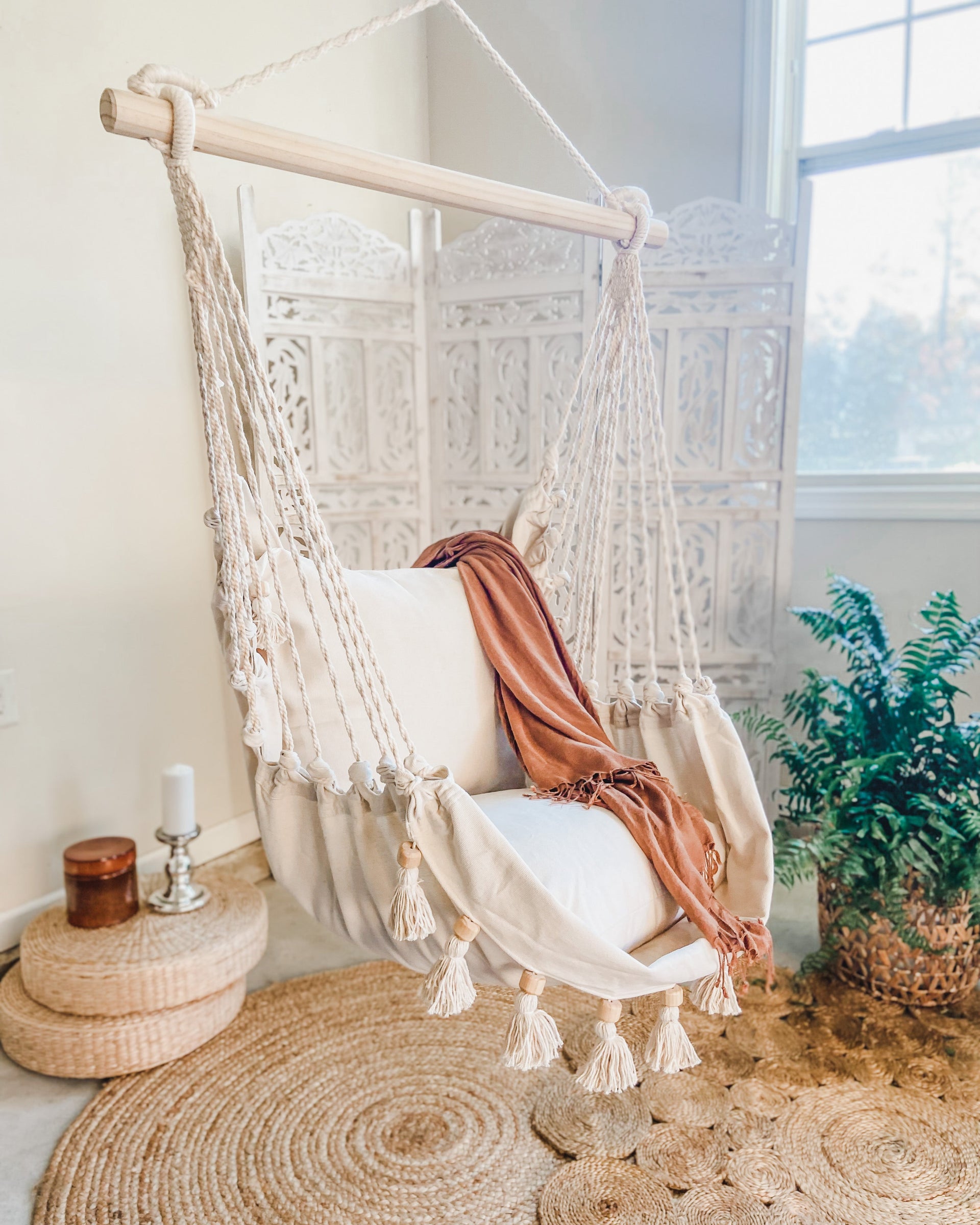 Small Boho Indoor Hammock Chair With Tassels |Bedroom Chair Swing