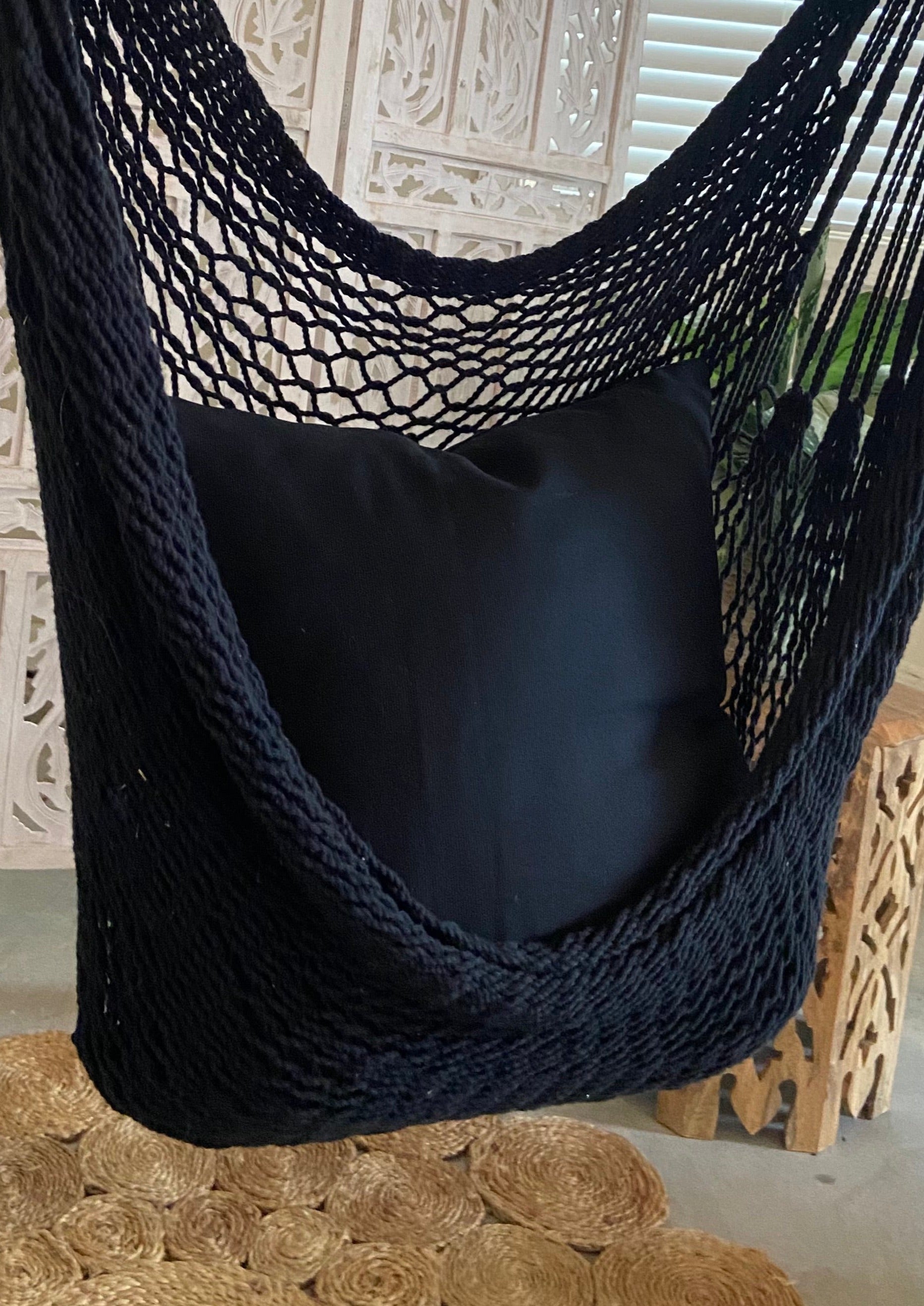 Black Woven Macrame Hammock Chair with tassels DIANA BLACK