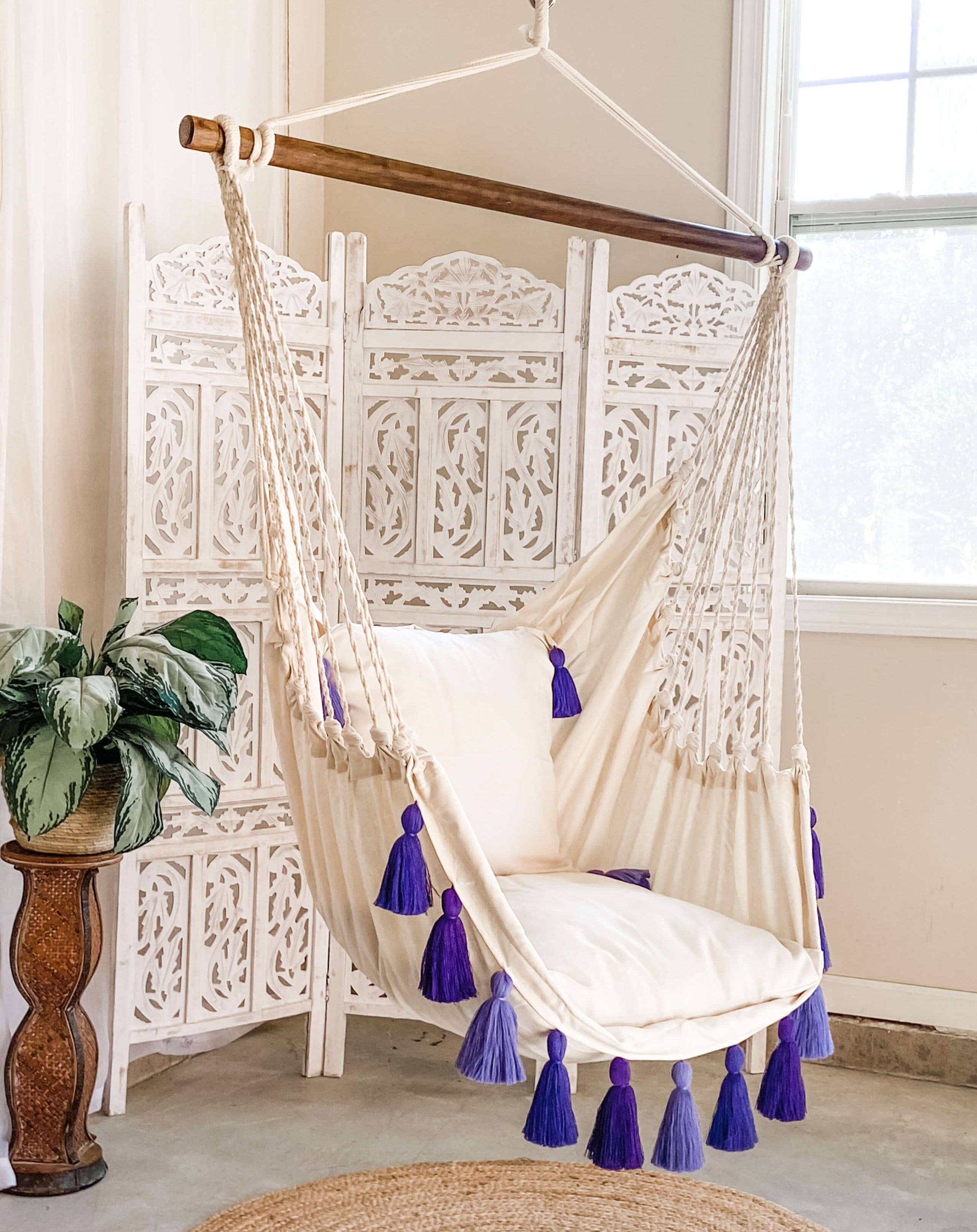 Indoor Bedroom Lily Hanging Chair Swing - Purple Boho Bedroom Hammock Chair  – Limbo Imports Hammocks