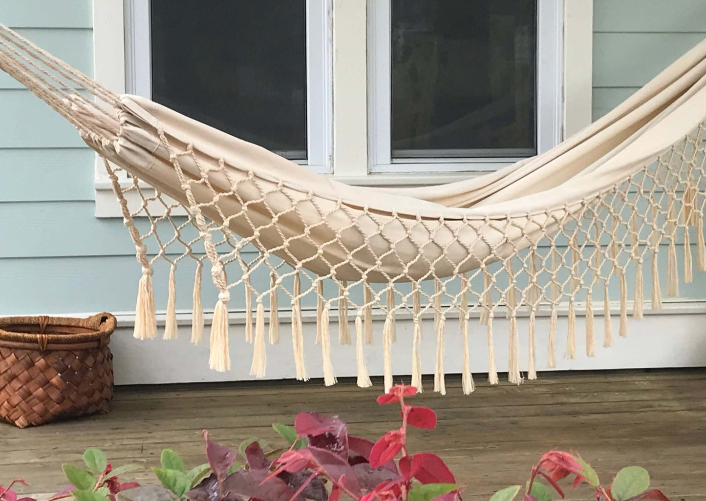 boho fringed hammock outdoors 