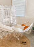 white boho macrame hammock