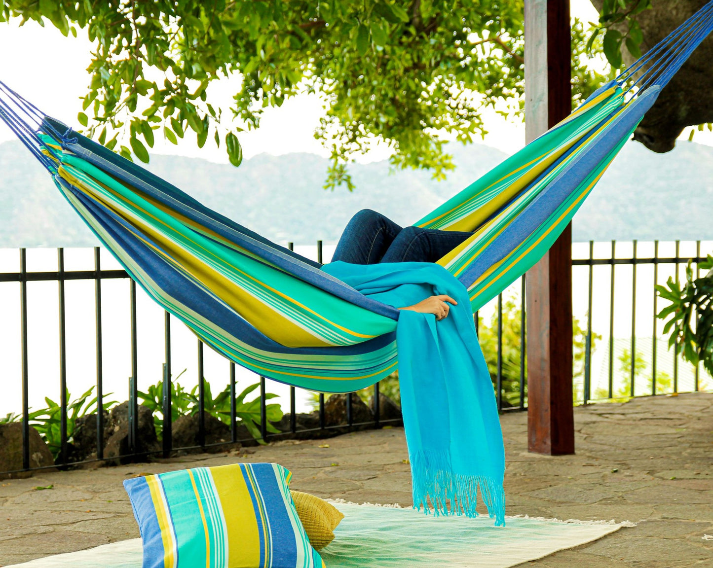 striped blue green canvas hammock