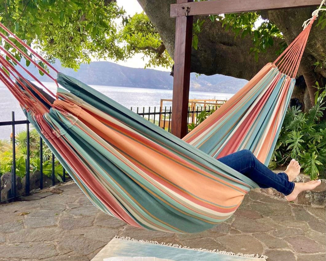 striped pink and light blue hammock