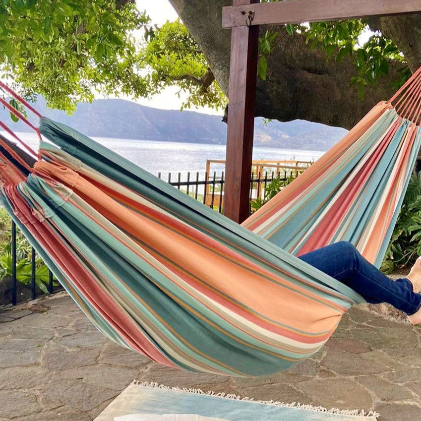 striped pink and light blue hammock