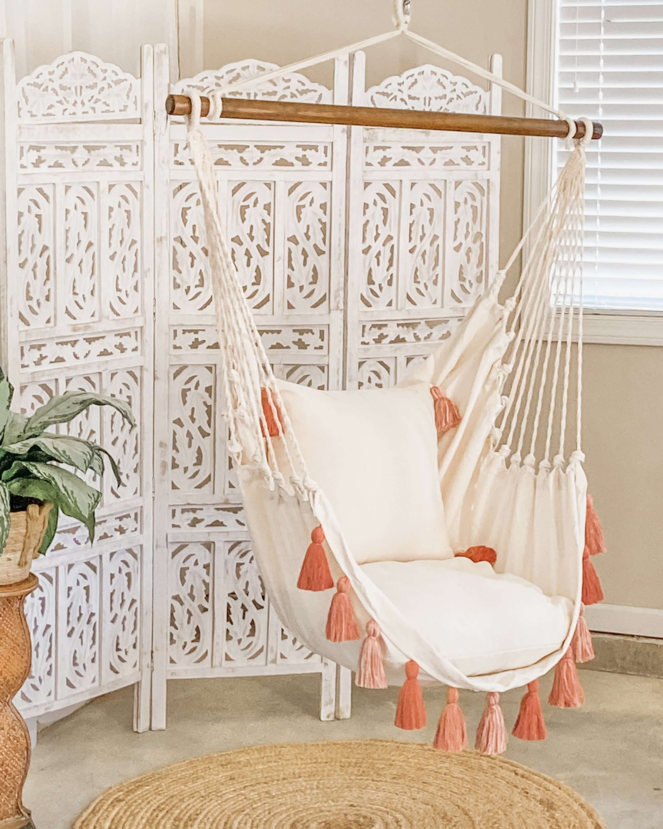 Pink Hanging Chair Bedroom Swing With Tassels Boho Indoor