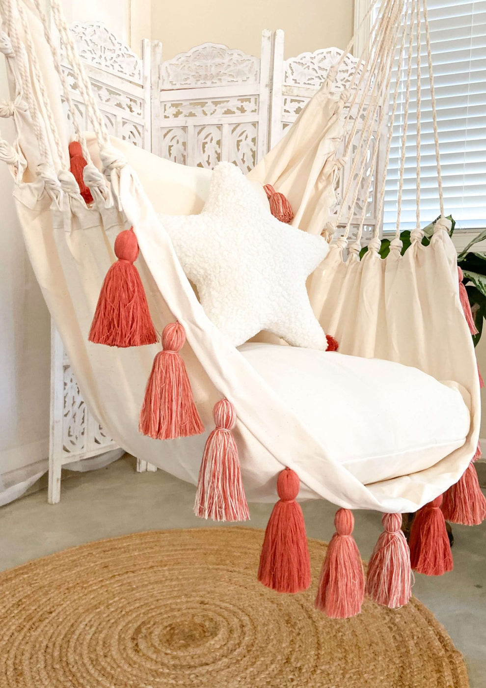 Pink Hanging Chair Bedroom Swing With Tassels | Boho Hanging Chair ...