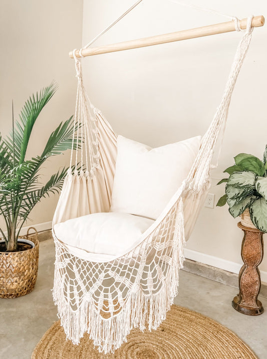 Indoor Crochet Hammock Swing Chair on a jute rug with potted plants. 