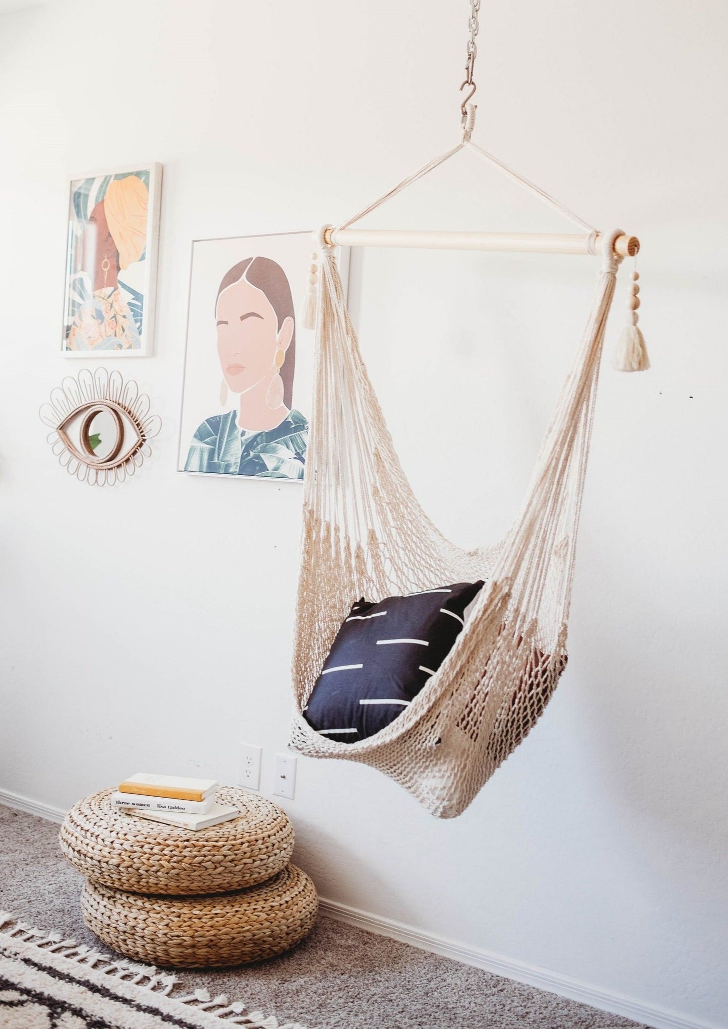 indoor woven macrame hanging chair with pillow