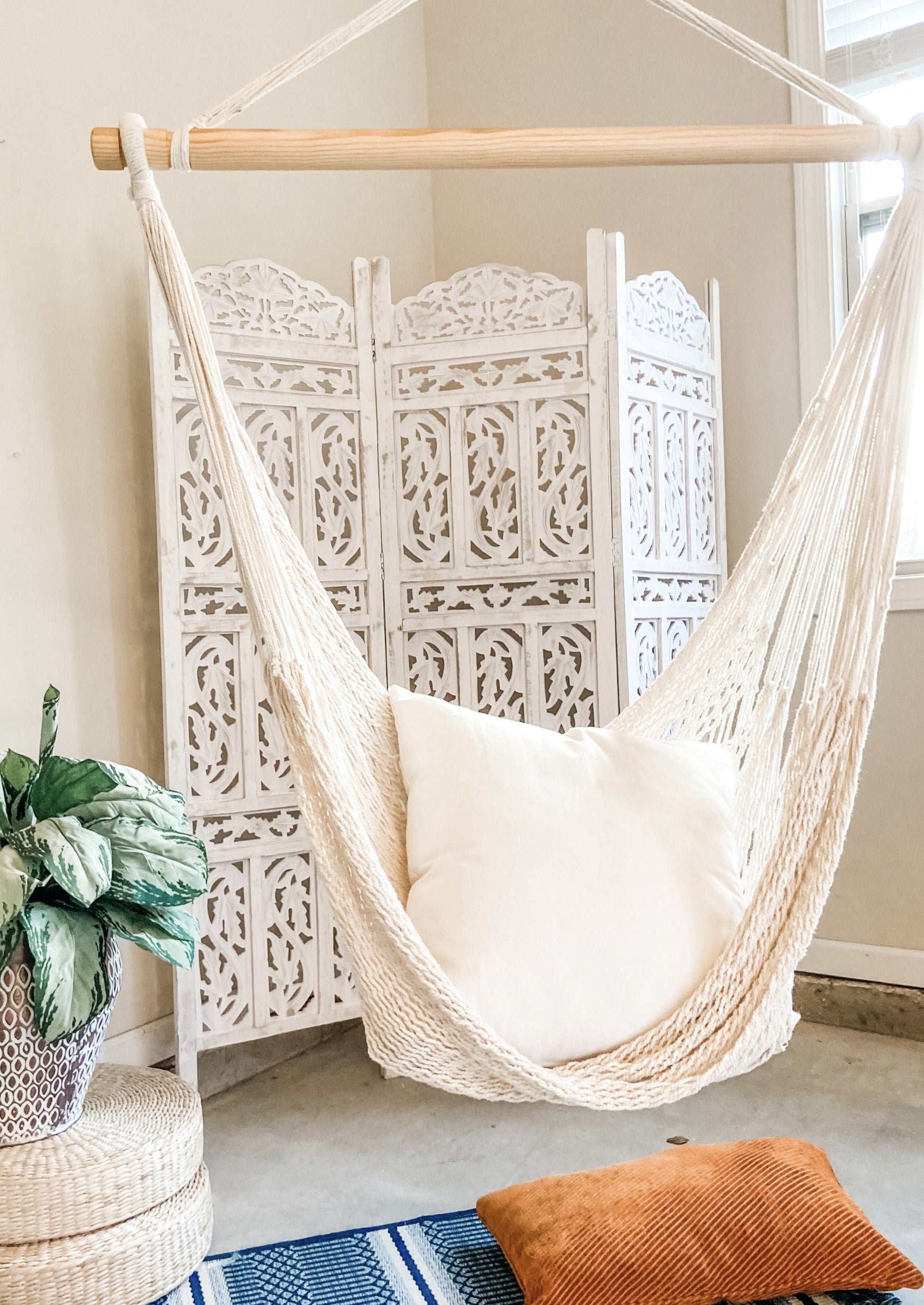 Boho Woven White Hammock Swing Chair Handwoven Rope Hammock